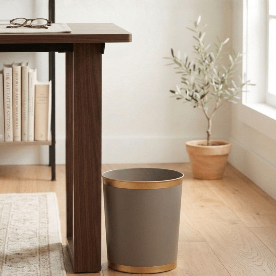Mattie Taupe Oval Metal Garbage Can, Wastebasket, Bathroom Trash Can for Home Office, Bedroom, Vanity - Oval without Lid - Wastebaskets from Jaye's Studio