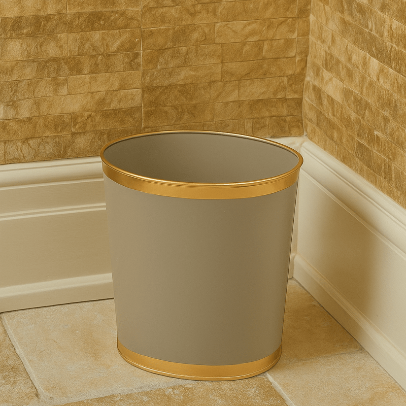 Mattie Taupe Oval Metal Garbage Can, Wastebasket, Bathroom Trash Can for Home Office, Bedroom, Vanity - Oval without Lid - Wastebaskets from Jaye's Studio