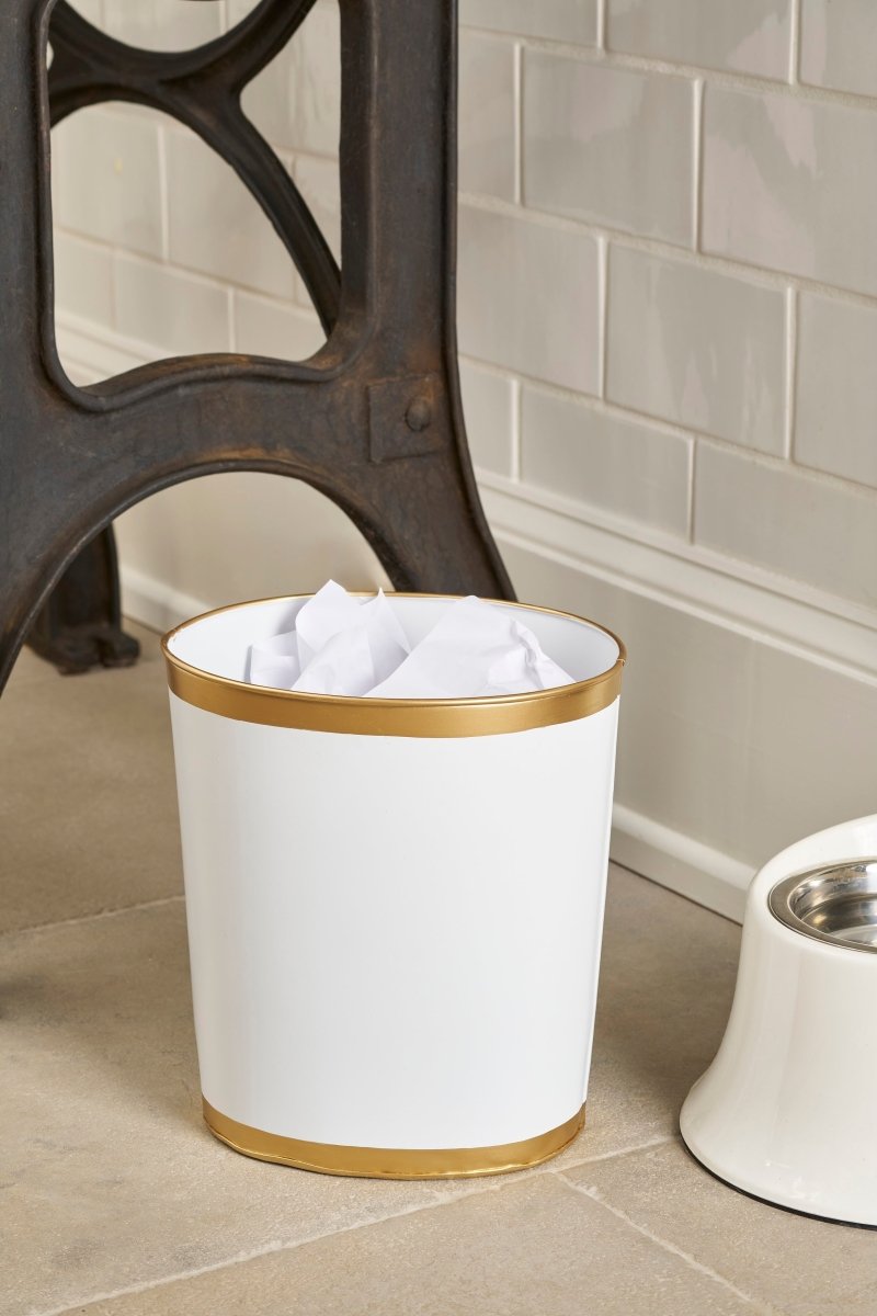 Mattie White Oval Metal Garbage Can, Wastebasket, Bathroom Trash Can for Home Office, Bedroom, Vanity - Oval without Lid - Avail 03/20 - Wastebaskets from Jaye's Studio