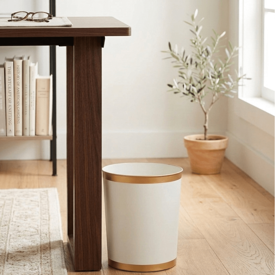 Mattie White Oval Metal Garbage Can, Wastebasket, Bathroom Trash Can for Home Office, Bedroom, Vanity - Oval without Lid - Wastebaskets from Jaye's Studio