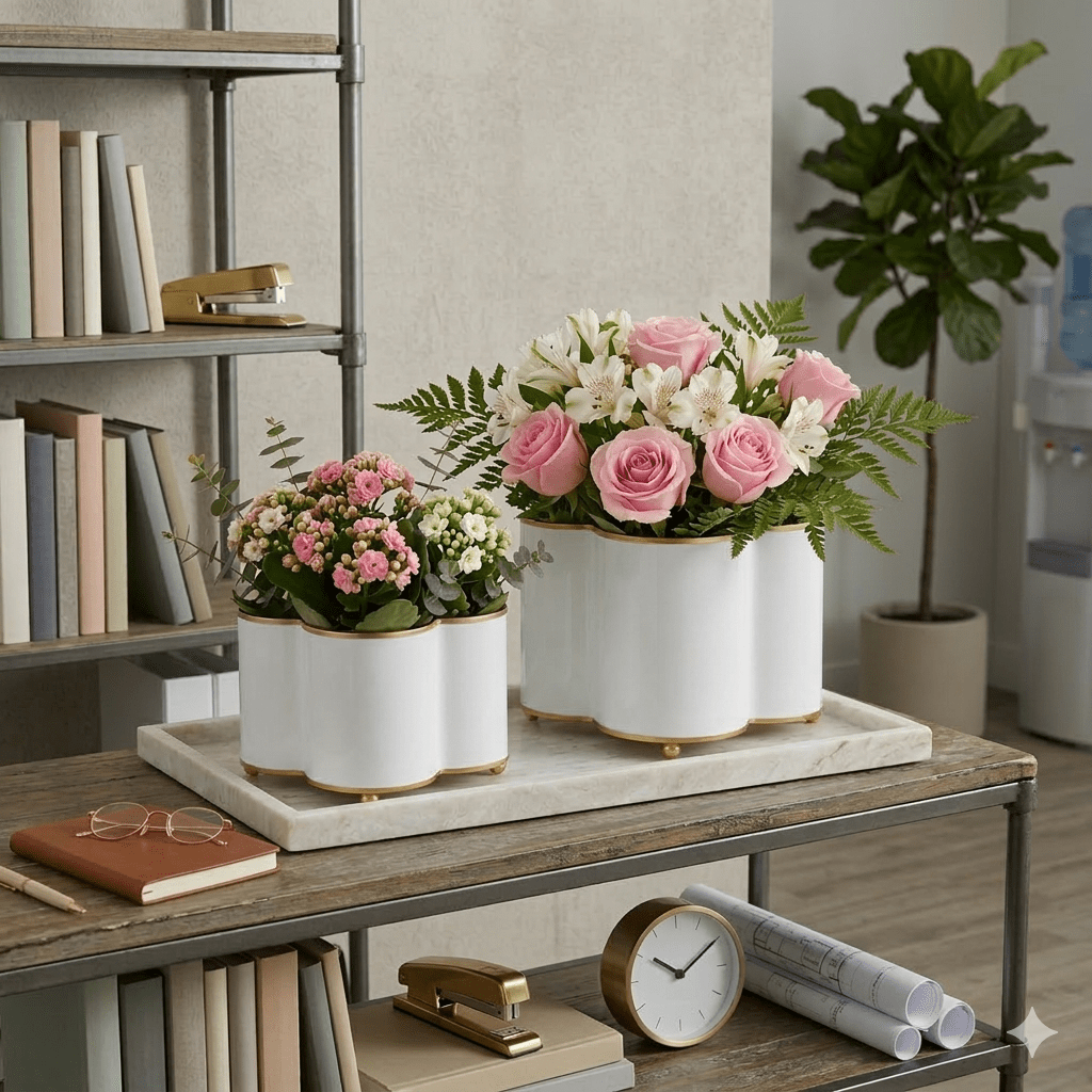 Mattie White Quatrefoil Metal Cachepot Planter For Bedroom, Office, Kitchen and Living Room - Avail 03/20 - Cachepots from Jaye's Studio