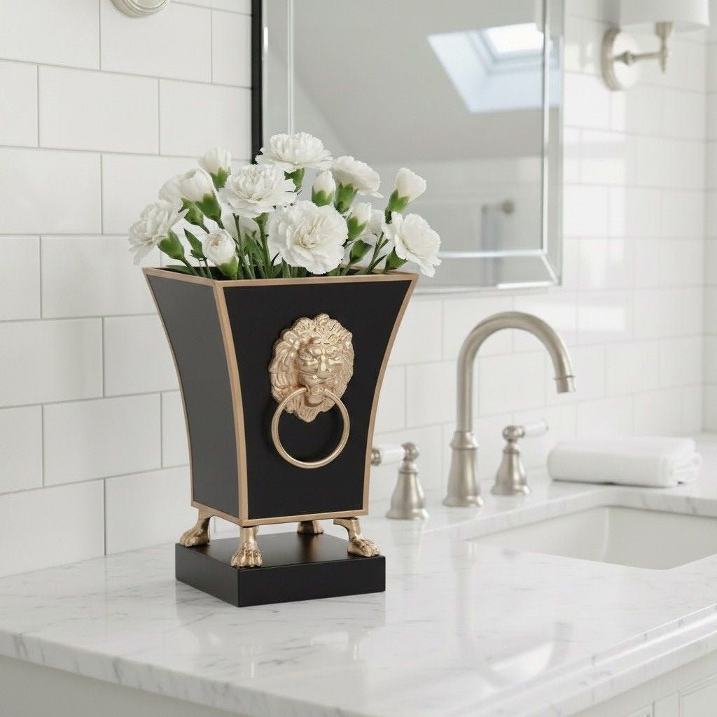 Paws & Claws Black Square Metal Cachepot for Bedroom, Home Office, Kitchen or Living Room - with Gold Lion Decor - Cachepots from Jaye's Studio