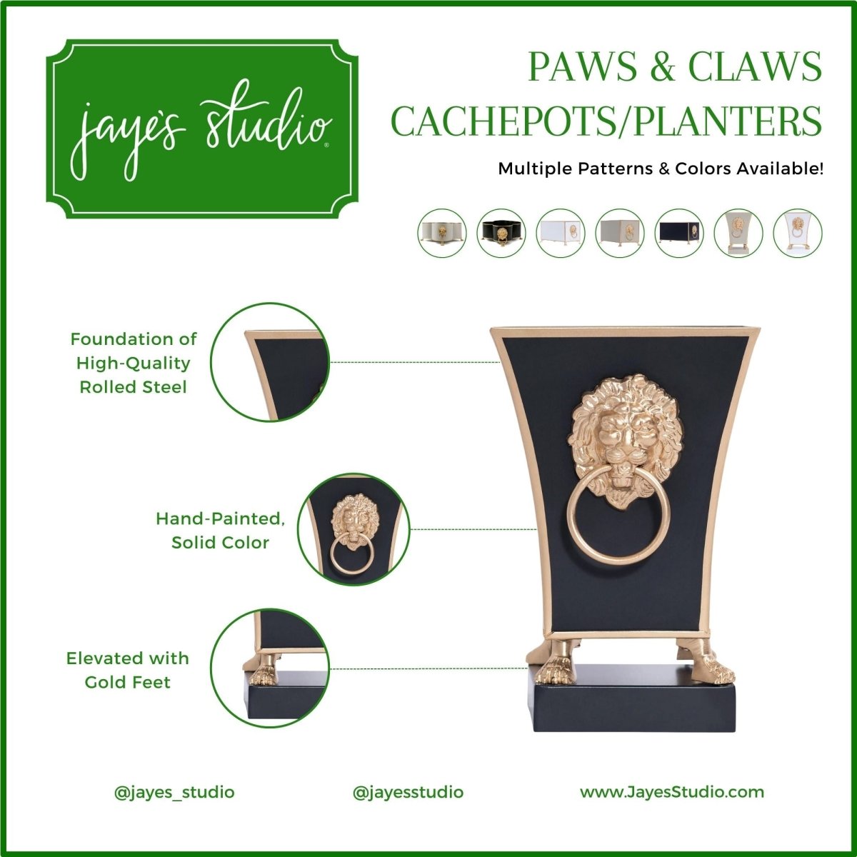Paws & Claws White Square Metal Cachepot for Bedroom, Home Office, Kitchen or Living Room - with Gold Lion Decor - Cachepots from Jaye's Studio