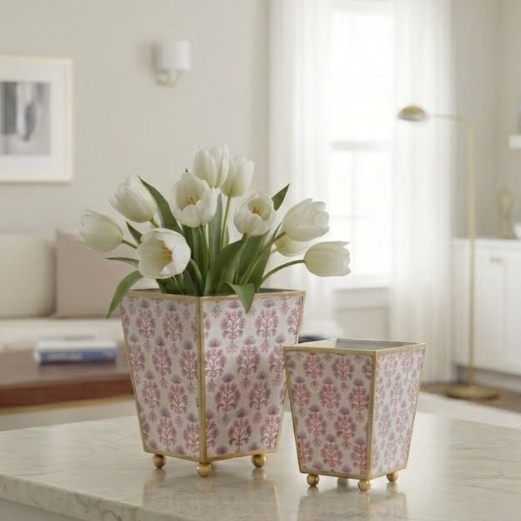 Penny Enameled Purple and Orange Square Metal Cachepot Planter for Bedroom, Home Office, Kitchen, Living Room - Cachepots from Jaye's Studio