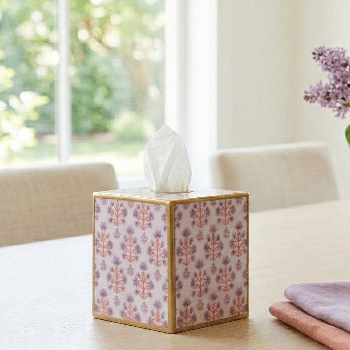Penny Enameled Purple & Orange Square Metal Tissue Box Cover for Bathroom, Vanity, Bedroom, Home Office - Tissue Box Cover from Jaye's Studio