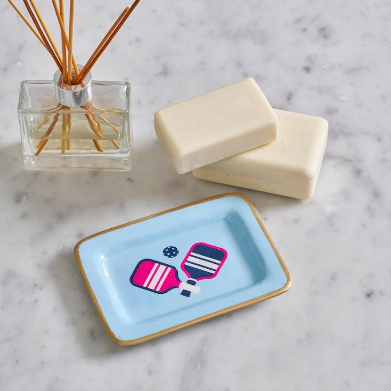 Pickleball Blue Enameled Rectangle Soap Dish, Catch All Tray, Jewelry Tray for Bathroom, Vanity, Sink - Decorative Laney Tray - Trinket Trays from Jaye's Studio