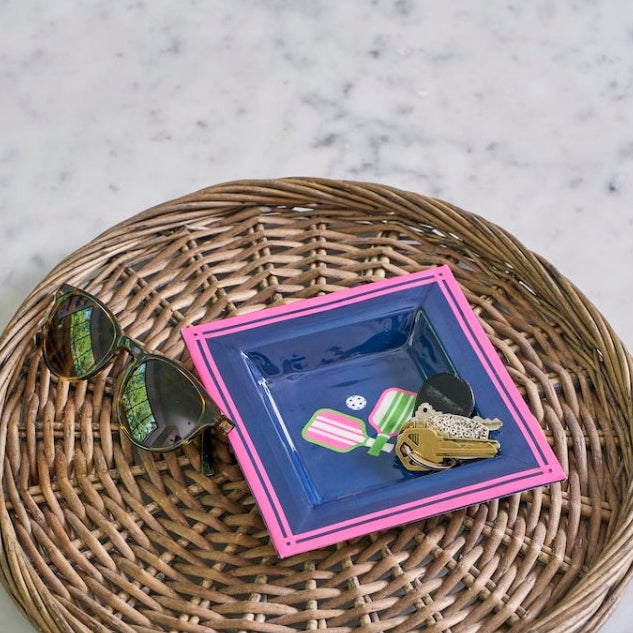 Pickleball Navy and Pink Enameled Square Decorative Trinket Tray, Catch All Tray, Jewelry Tray for Vanity, Bathroom, Bedside Home Office - Trinket Trays from Jaye's Studio