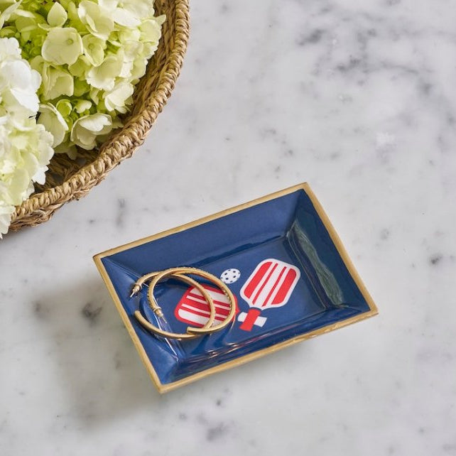 Pickleball Navy and Red Enameled Rectangle Catch All Tray, Jewelry Tray for Bathroom, Vanity - Decorative Landry Tray - Trinket Trays from Jaye's Studio