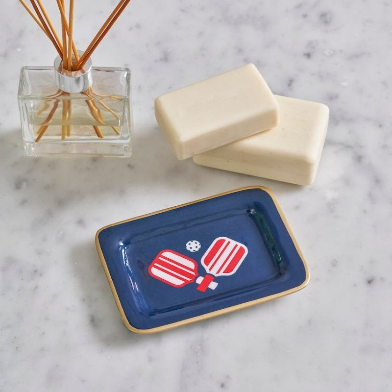 Pickleball Navy with Red Enameled Rectangle Soap Dish, Catch All Tray, Jewelry Tray for Bathroom, Vanity, Sink - Decorative Laney Tray - Trinket Trays from Jaye's Studio