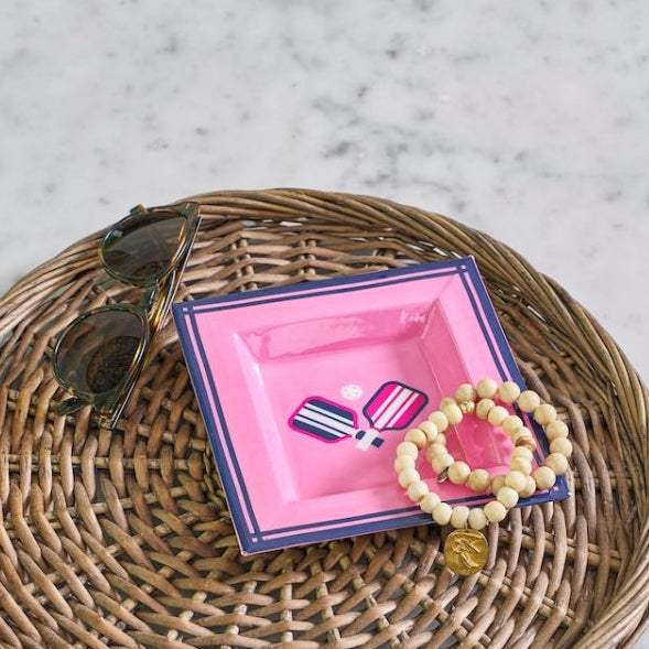 Pickleball Pink and Navy Enameled Square Decorative Trinket Tray, Catch All Tray, Jewelry Tray for Vanity, Bathroom, Bedside Home Office - Trinket Trays from Jaye's Studio