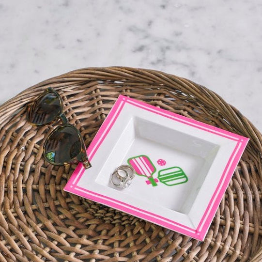 Pickleball Pink and White Enameled Square Decorative Trinket Tray, Catch All Tray, Jewelry Tray for Vanity, Bathroom, Bedside Home Office - Trinket Trays from Jaye's Studio