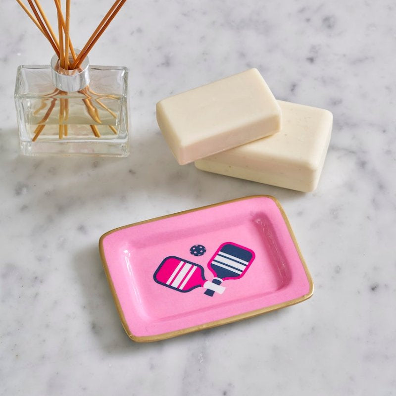Pickleball Pink Enameled Rectangle Soap Dish, Catch All Tray, Jewelry Tray for Bathroom, Vanity, Sink - Decorative Laney Tray - Trinket Trays from Jaye's Studio