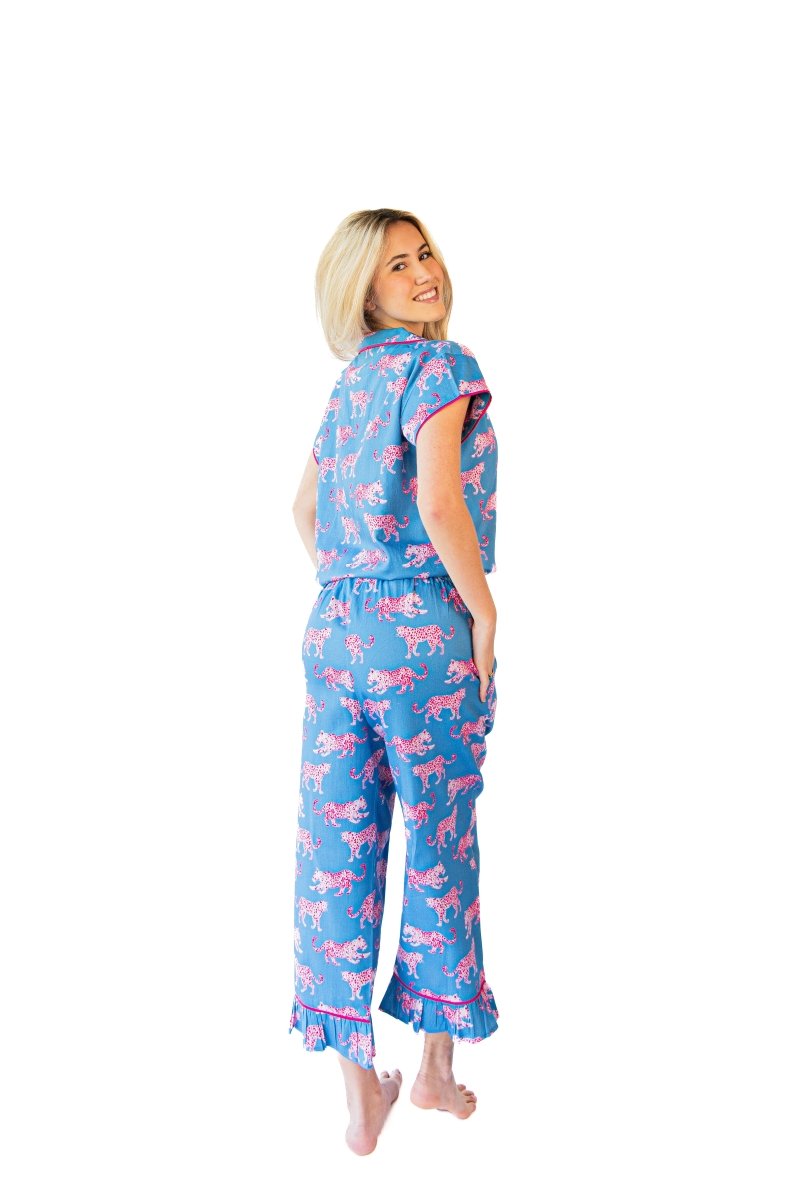 Pink Leopards Luxe Sateen Capri Pajama Set - Blue & Pink - Pajama Sets from Jaye's Studio