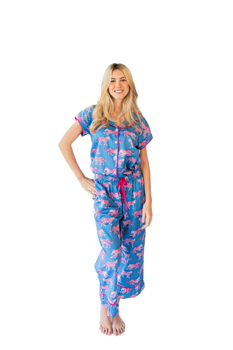 Pink Leopards Luxe Sateen Capri Pajama Set - Blue & Pink - Pajama Sets from Jaye's Studio
