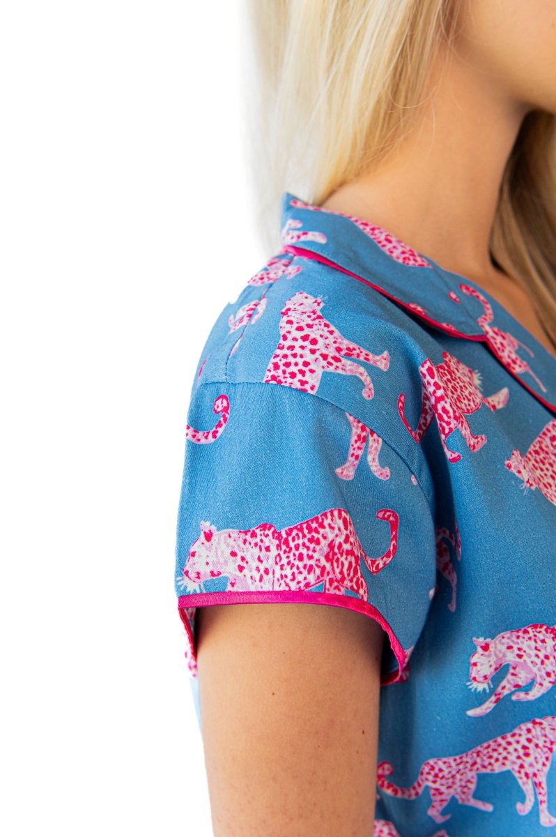 Pink Leopards Luxe Sateen Capri Pajama Set - Blue & Pink - Pajama Sets from Jaye's Studio