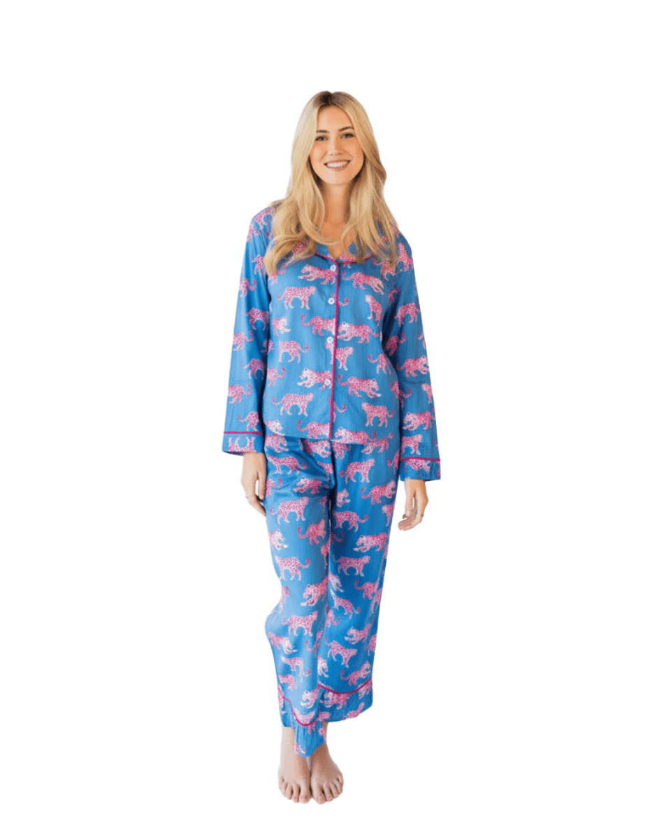 Pink Leopards Luxe Sateen Full Pajama Set - Blue & Pink - Pajama Sets from Jaye's Studio