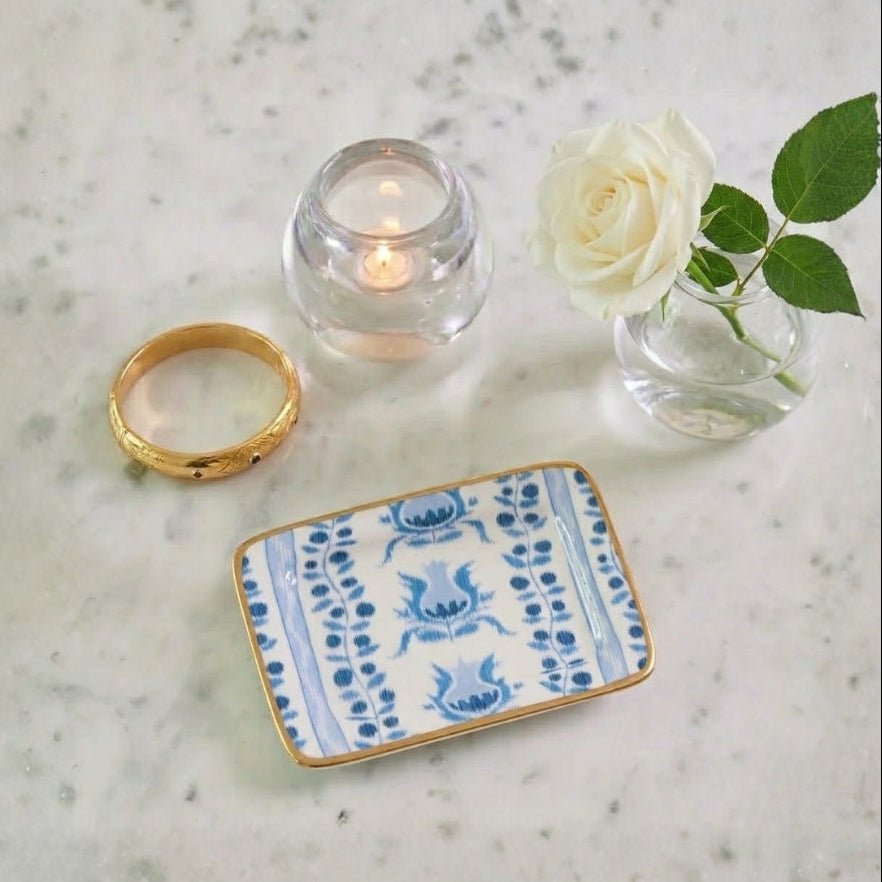 Pomegranate Blue Enameled Rectangle Soap Dish, Catch All Tray, Jewelry Tray for Bathroom, Vanity, Sink - Decorative Laney Tray - Trinket Trays from Jaye's Studio