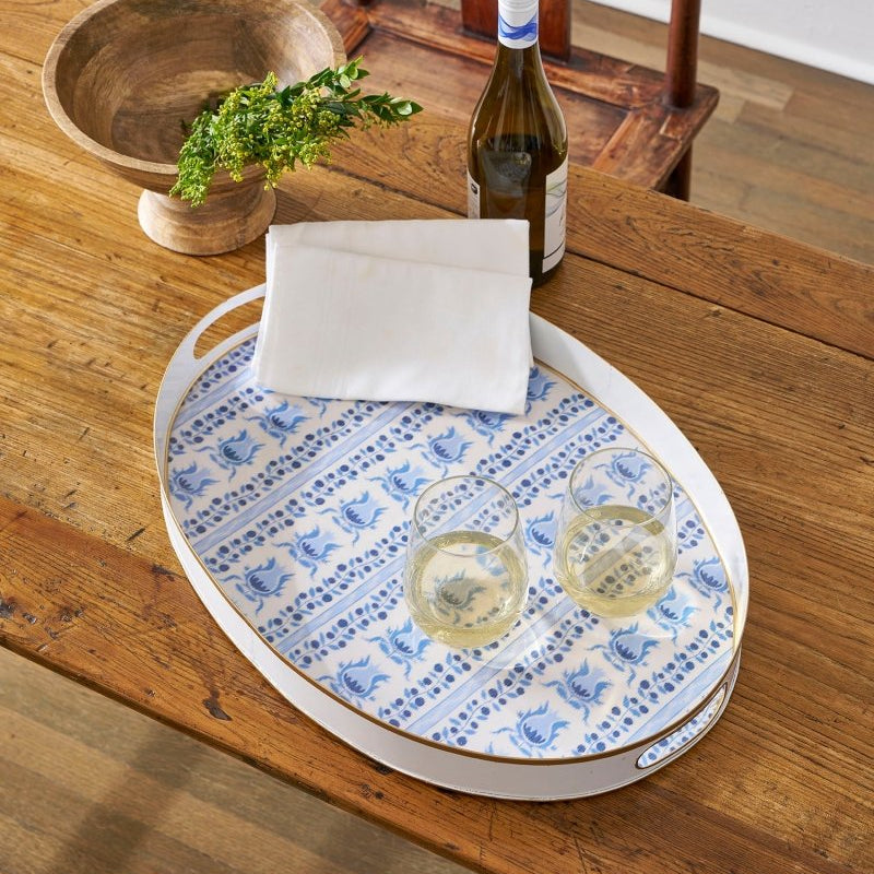 Pomegranate Enameled Blue Oval Olivia Serving Tray For Kitchen and Dining - Serving Trays from Jaye's Studio