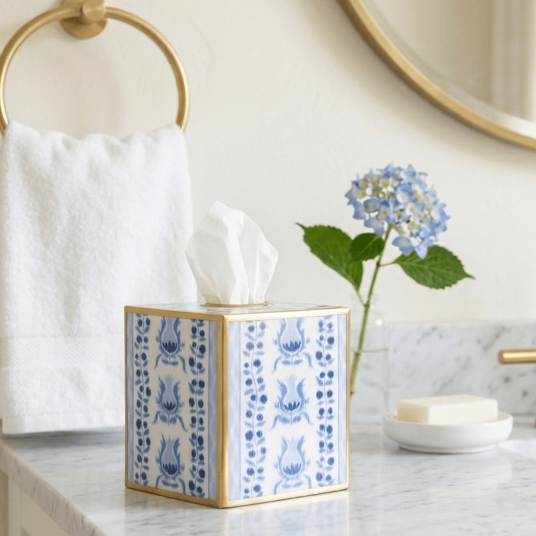 Pomegranate Enameled Blue Square Metal Tissue Box Cover for Bathroom, Vanity, Bedroom, Home Office - Avail 04/18 - Tissue Box Cover from Jaye's Studio