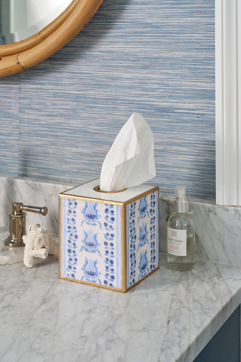 Pomegranate Enameled Blue Square Metal Tissue Box Cover for Bathroom, Vanity, Bedroom, Home Office - Tissue Box Cover from Jaye's Studio