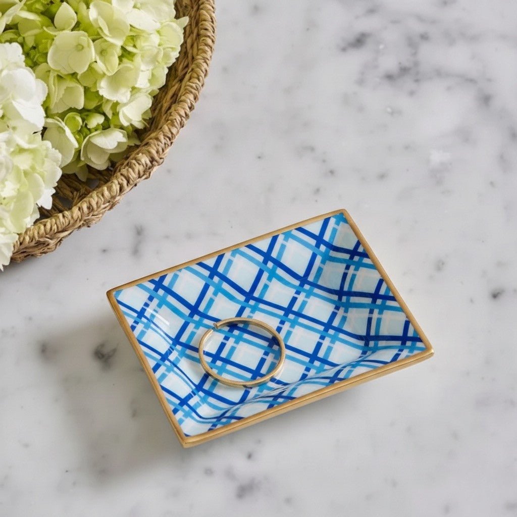 Preppy Plaid Blue Enameled Rectangle Catch All Tray, Jewelry Tray for Bathroom, Vanity - Decorative Landry Tray - Trinket Trays from Jaye's Studio