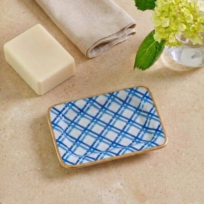 Preppy Plaid Blue Enameled Rectangle Soap Dish, Catch All Tray, Jewelry Tray for Bathroom, Vanity, Sink - Decorative Laney Tray - Trinket Trays from Jaye's Studio