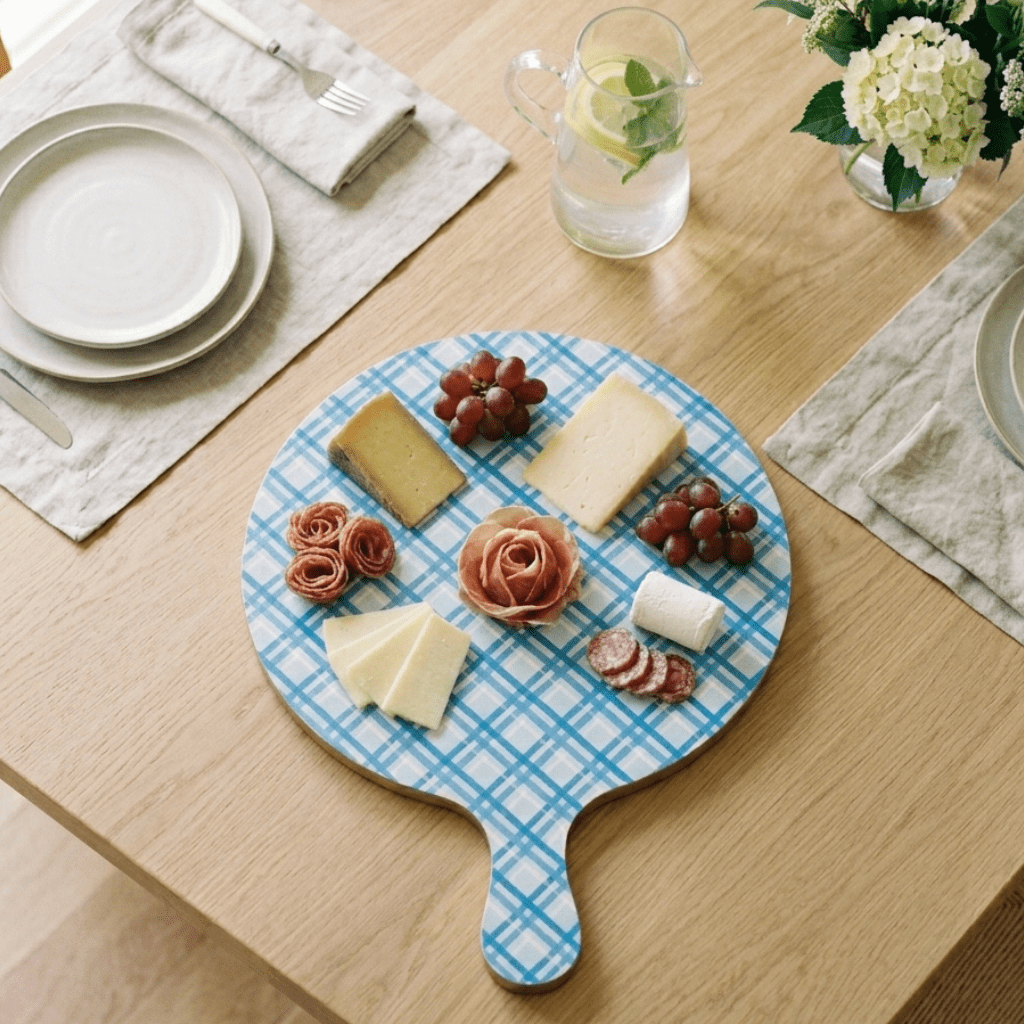 Preppy Plaid Blue / Light Blue Charcuterie Board, Wooden Cutting Board, Chopping Board for Serving, Food & Meat Prep - Charcuterie Board from Jaye's Studio