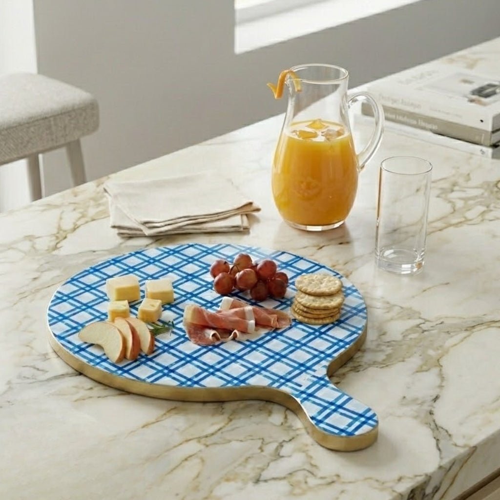 Preppy Plaid Blue / Light Blue Charcuterie Board, Wooden Cutting Board, Chopping Board for Serving, Food & Meat Prep - Charcuterie Board from Jaye's Studio