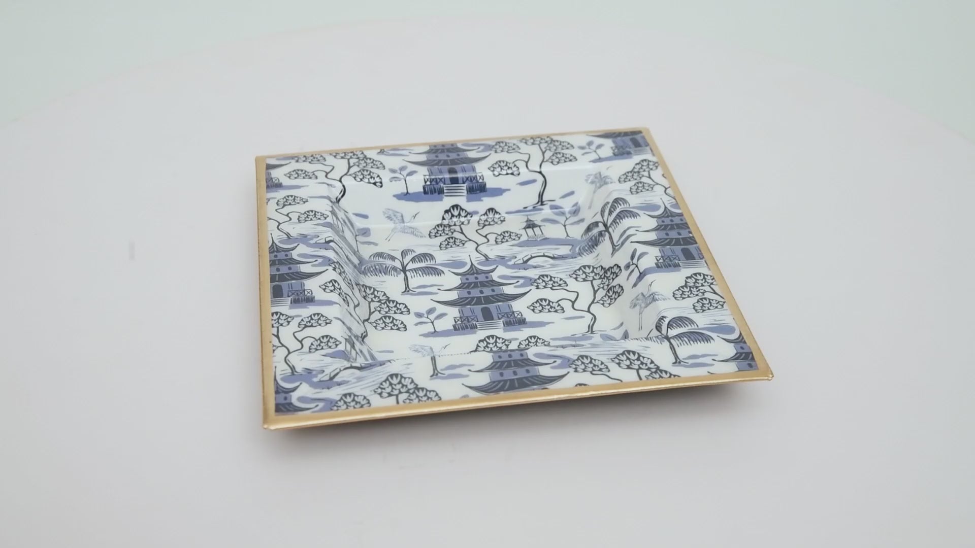 White & Blue Enameled Catch All / Trinket Tray with Convienent Handles - made from High-Quality Metal - designed by Lilibridge -  The Kyoto Pagoda Collection 6x 6x1