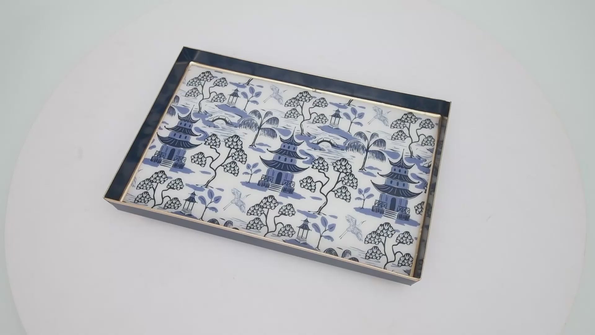 White & Blue Enameled Vanity / Bedside / Catch All  Tray  with with Convienent Handles - made from High-Quality Metal- designed by Lilibridge -The Kyoto Pagoda Collection Collection 8 x 12 x 1