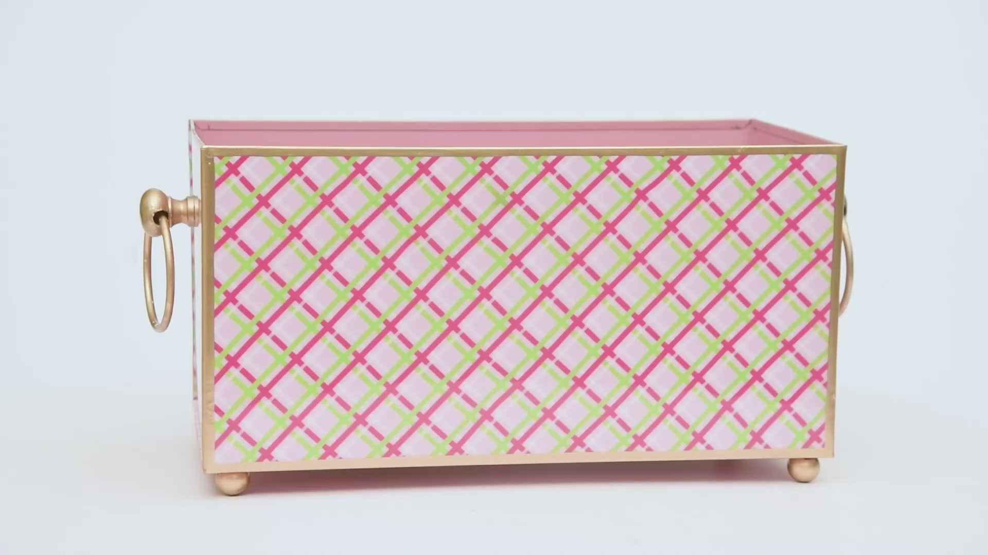 Preppy Plaid Enameled Rectangular Cachepot Planter 6x12 - Pink - Avail 12/23