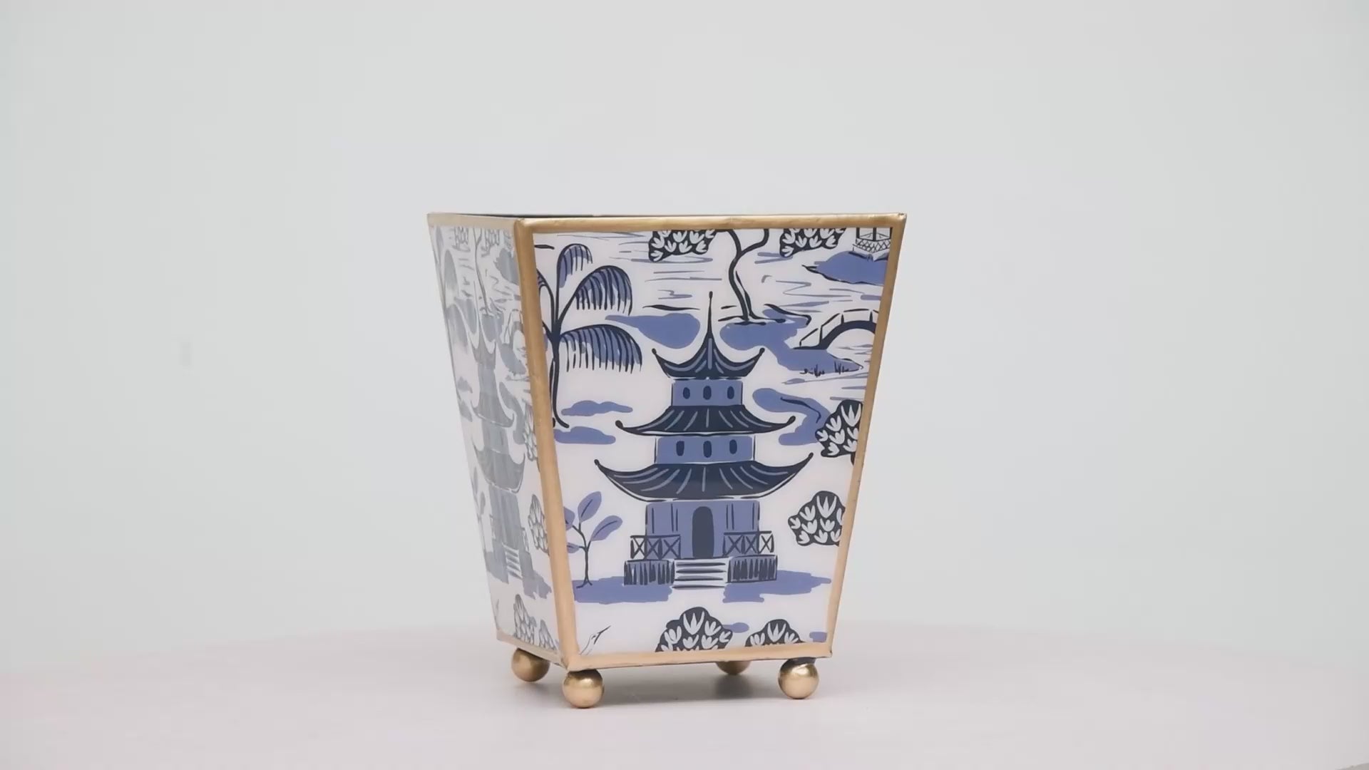 Kyoto Pagoda Enameled Square Cachepot Planter - White & Blue