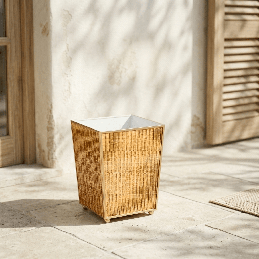 Rattan Brown Enameled Bathroom Trash Can, Wastebasket, Dustbin for Bedroom, Home Office, Vanity - Square without Lid - Wastebaskets from Jaye's Studio