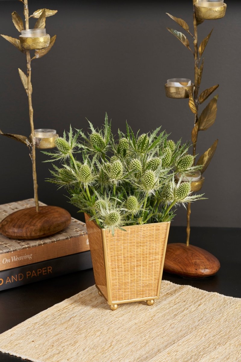 Rattan Enameled Brown Square Metal Cachepot Planter for Bedroom, Home Office, Kitchen, Living Room - Avail 02/22 - Cachepots from Jaye's Studio