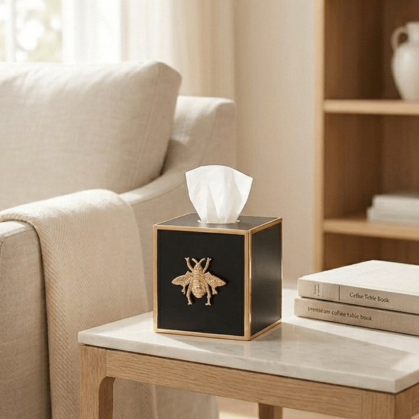 Regency Bee Black Enameled Square Metal Tissue Box Cover for Bathroom, Vanity, Bedroom, Home Office - Tissue Box Cover from Jaye's Studio