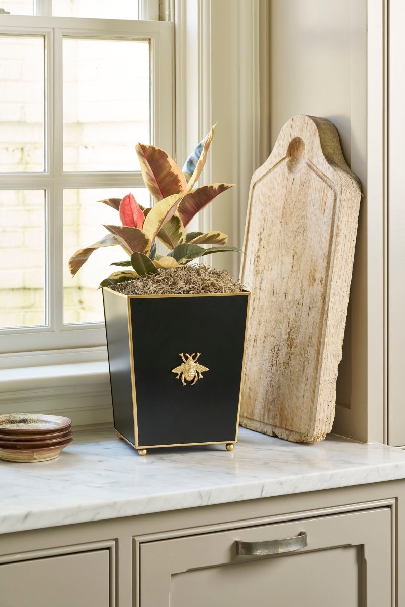 Regency Bee Black Square Metal Cachepot for Bedroom, Office, Kitchen, Living Room - with Gold Bee Decor - Avail 02/22 - Cachepots from Jaye's Studio
