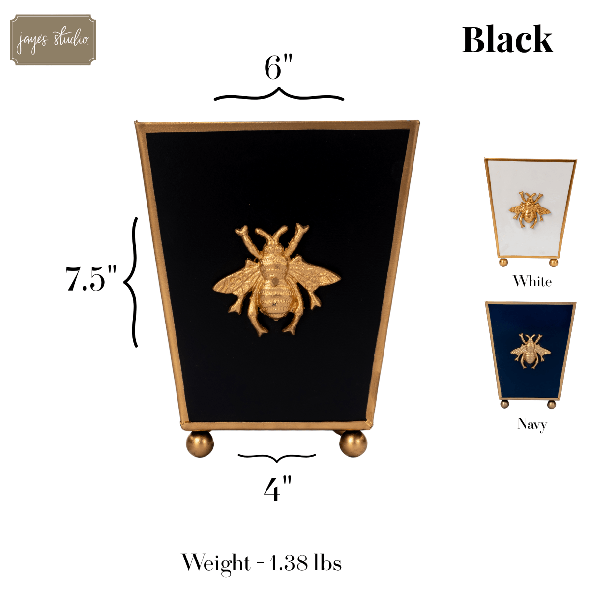 Regency Bee Black Square Metal Cachepot for Bedroom, Office, Kitchen, Living Room - with Gold Bee Decor - Cachepots from Jaye's Studio