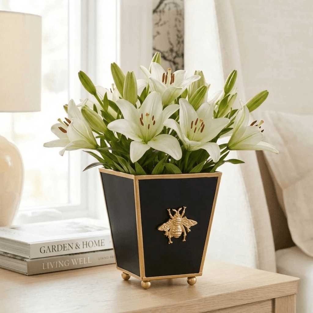 Regency Bee Black Square Metal Cachepot for Bedroom, Office, Kitchen, Living Room - with Gold Bee Decor - Cachepots from Jaye's Studio
