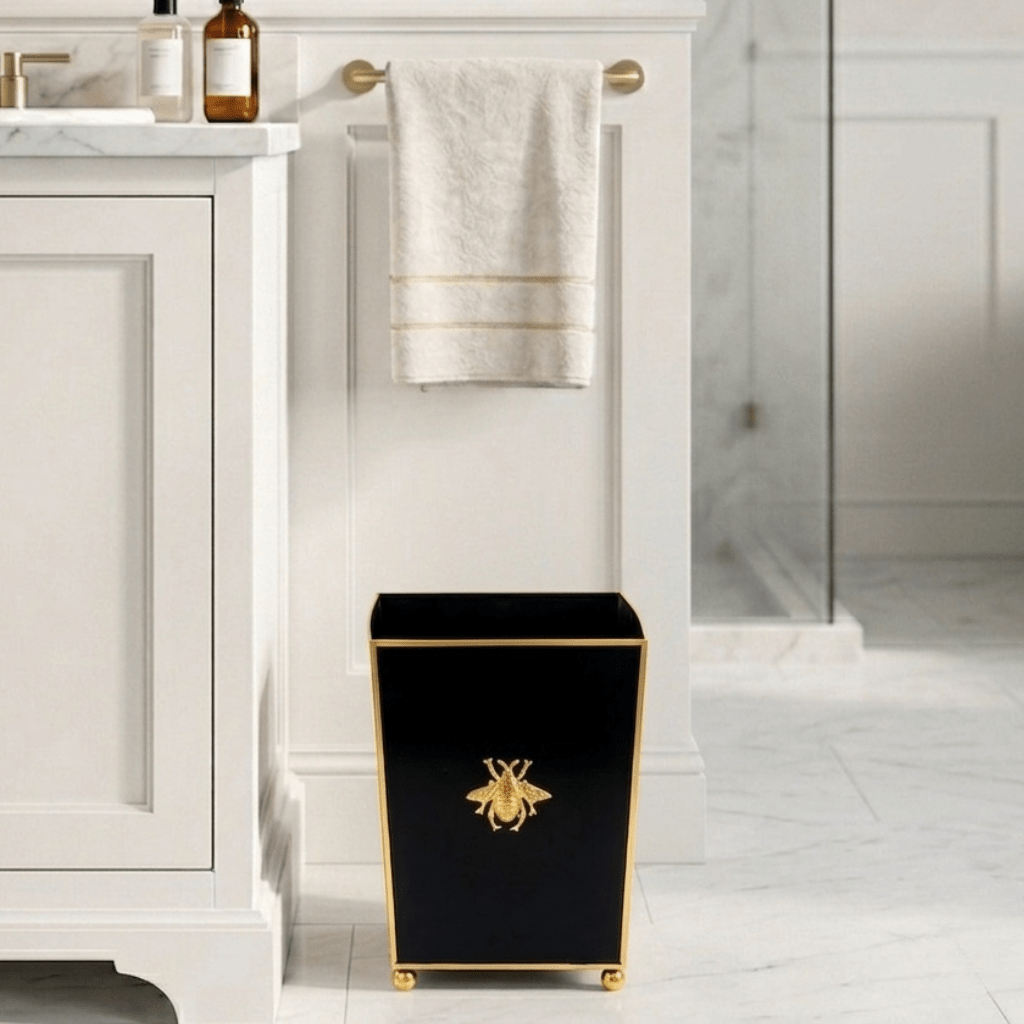 Regency Bee Black Wastebasket, Bathroom Trash Can, Wastebasket for Vanity, Home Office, Bedroom - Square without Lid with Lion Decor - Wastebaskets from Jaye's Studio
