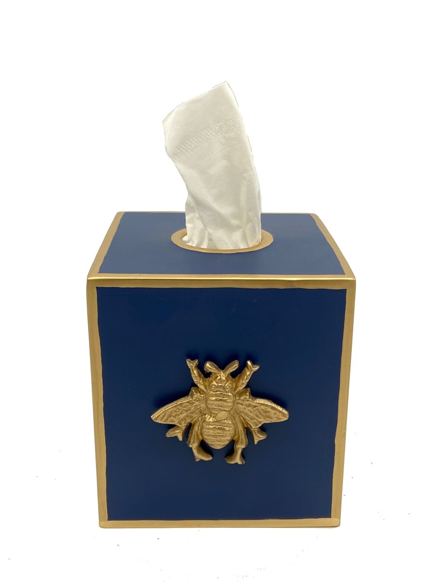Regency Bee Navy Blue Enameled Square Metal Tissue Box Cover for Bathroom, Vanity, Bedroom, Home Office - Avail 11/26 - Tissue Box Cover from Jaye's Studio