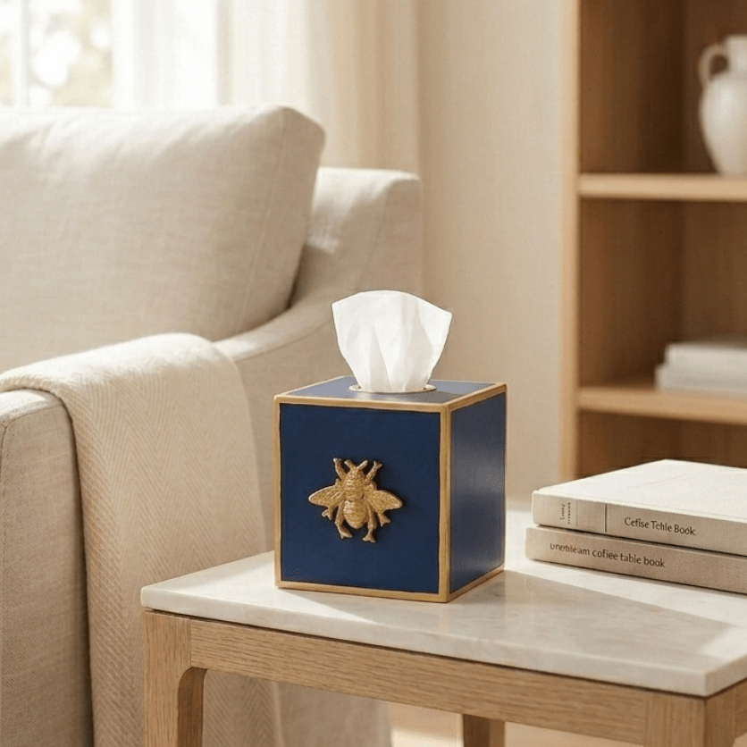 Regency Bee Navy Blue Enameled Square Metal Tissue Box Cover for Bathroom, Vanity, Bedroom, Home Office - Tissue Box Cover from Jaye's Studio