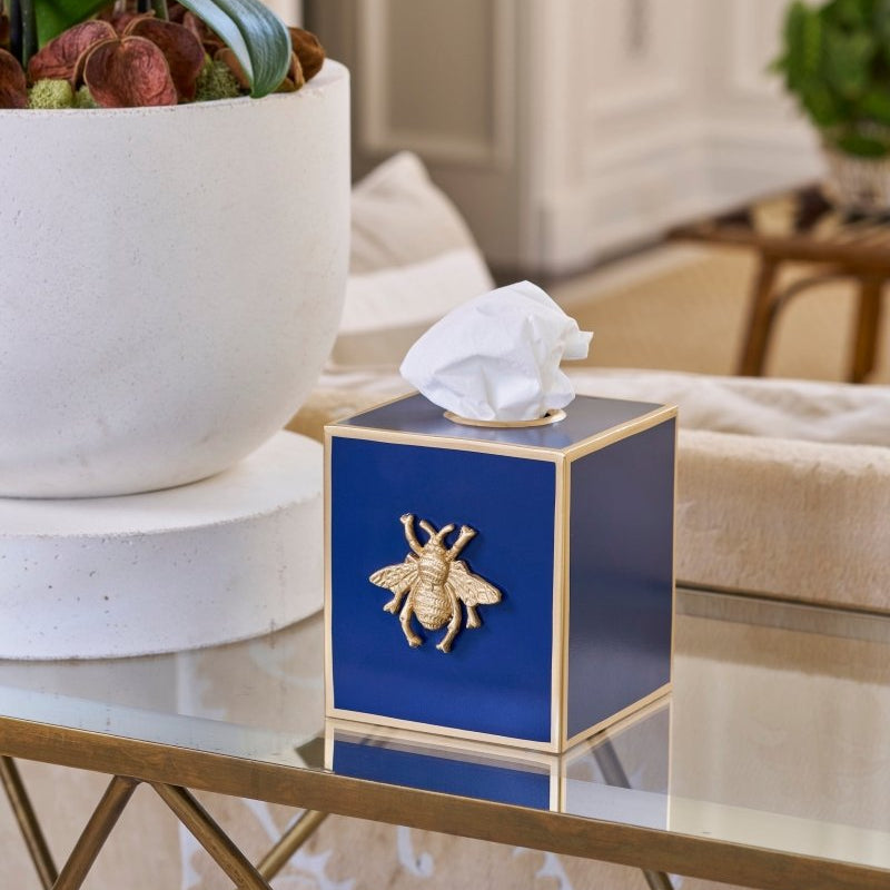 Regency Bee Navy Blue Enameled Square Metal Tissue Box Cover for Bathroom, Vanity, Bedroom, Home Office - Tissue Box Cover from Jaye's Studio