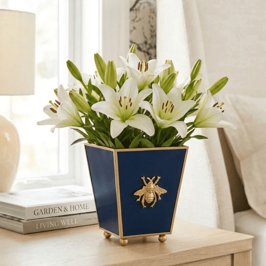Regency Bee Navy Square Metal Cachepot for Bedroom, Office, Kitchen, Living Room - with Gold Bee Decor - Cachepots from Jaye's Studio