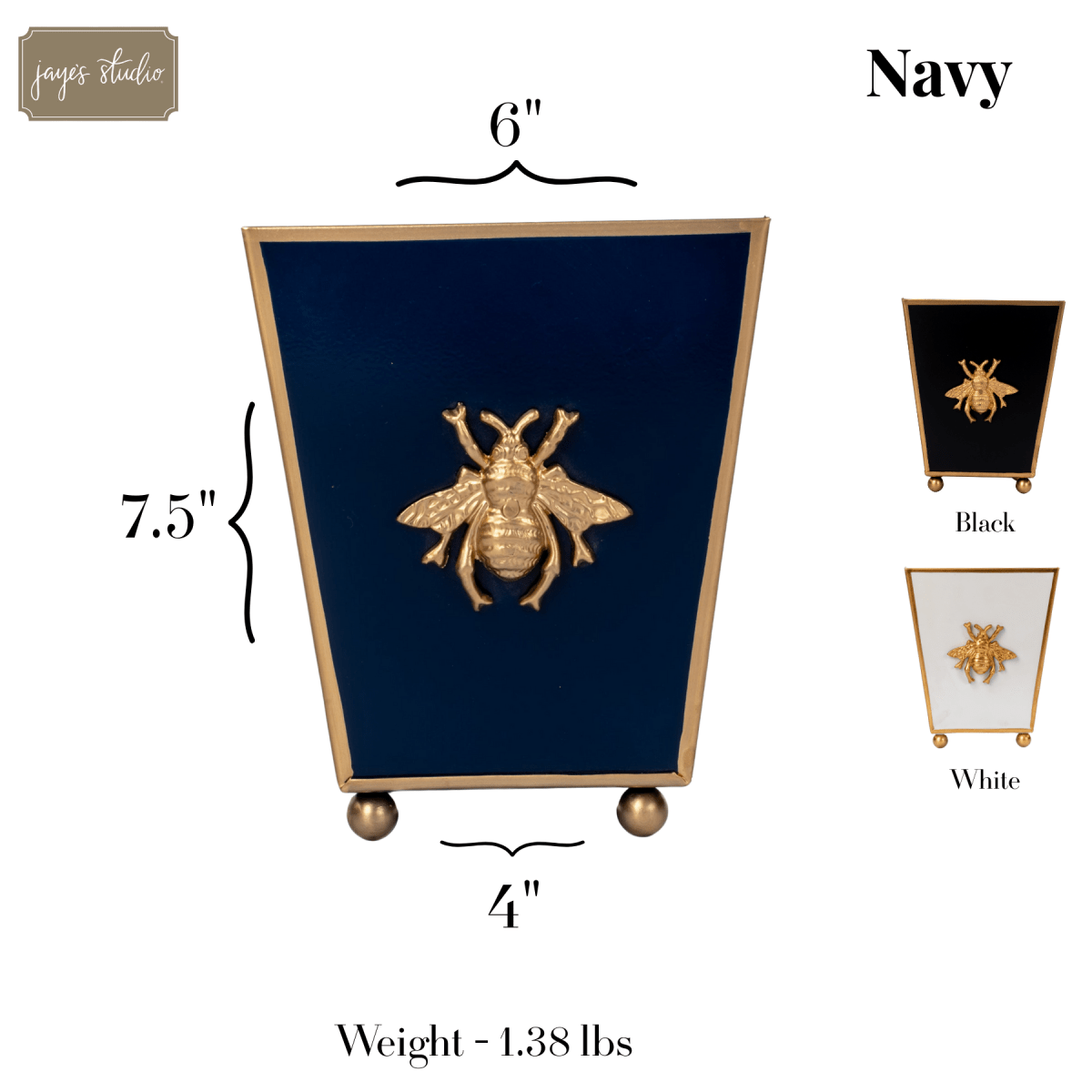 Regency Bee Navy Square Metal Cachepot for Bedroom, Office, Kitchen, Living Room - with Gold Bee Decor - Cachepots from Jaye's Studio