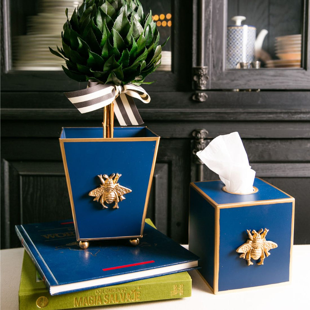 Regency Bee Navy Square Metal Cachepot for Bedroom, Office, Kitchen, Living Room - with Gold Bee Decor - Cachepots from Jaye's Studio