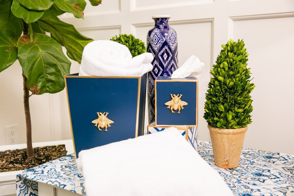 Regency Bee Navy Wastebasket, Bathroom Trash Can, Wastebasket for Vanity, Home Office, Bedroom - Square without Lid with Lion Decor - Avail 03/20 - Wastebaskets from Jaye's Studio