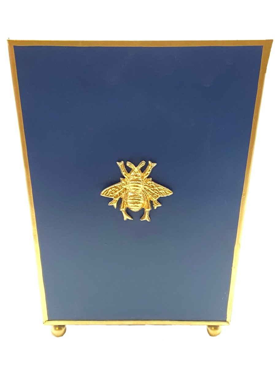 Regency Bee Navy Wastebasket, Bathroom Trash Can, Wastebasket for Vanity, Home Office, Bedroom - Square without Lid with Lion Decor - Avail 03/20 - Wastebaskets from Jaye's Studio