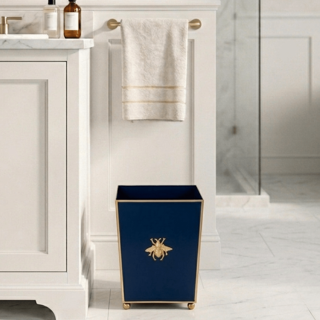 Regency Bee Navy Wastebasket, Bathroom Trash Can, Wastebasket for Vanity, Home Office, Bedroom - Square without Lid with Lion Decor - Wastebaskets from Jaye's Studio