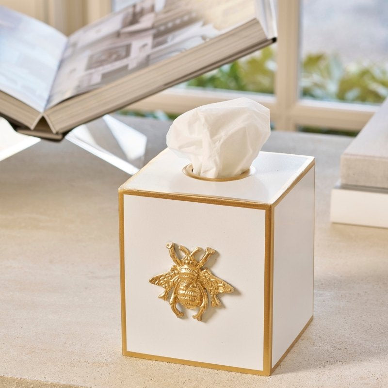 Regency Bee White Enameled Square Metal Tissue Box Cover for Bathroom, Vanity, Bedroom, Home Office - Avail 02/22 - Tissue Box Cover from Jaye's Studio