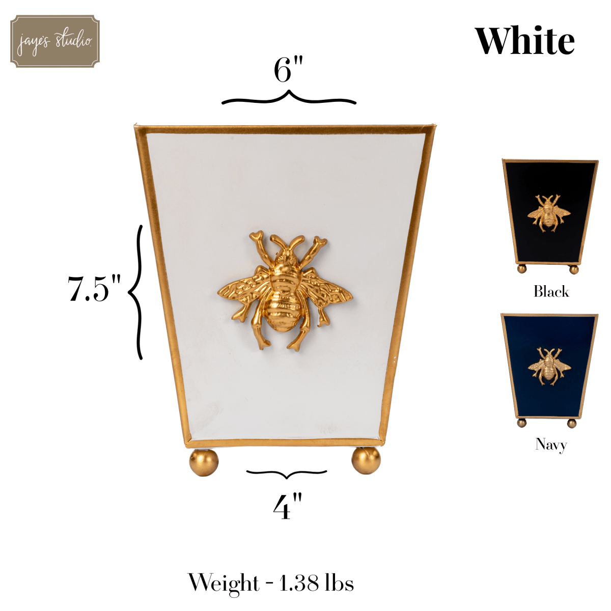 Regency Bee White Square Metal Cachepot for Bedroom, Office, Kitchen, Living Room - with Gold Bee Decor - Cachepots from Jaye's Studio